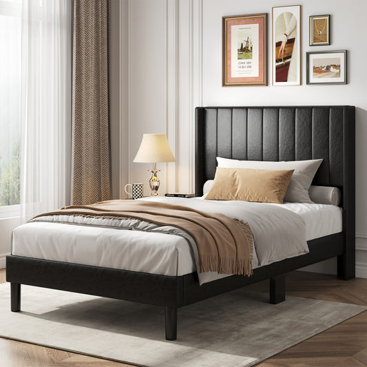 Double Bed Frame, Fabric-covered Wing-shaped Headboard And Wooden Crossbars, With A Load Capacity Of 500 Pounds, Without Box Springs