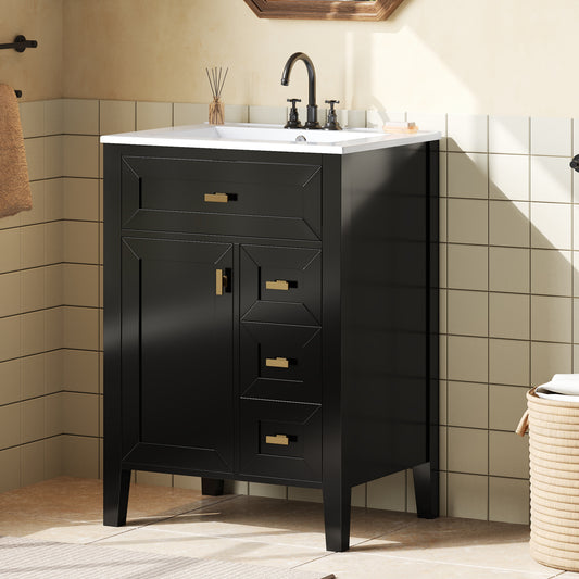 24'' Black Bathroom Vanity With Sink, MDF & Rubberwood Construction, 3 Drawers & Cabinet With 2-Tier Door Storage Rack, Soft-Close Door & Drawers, Modern Design For Small To Medium Bathrooms