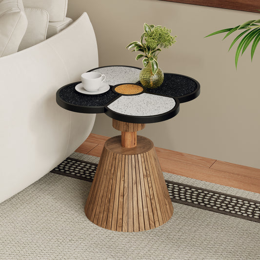 Unique Four Leaf Clover Side Table For Living Room, Bedroom & Small Spaces Decorative Accent Table With Wood Grain Base