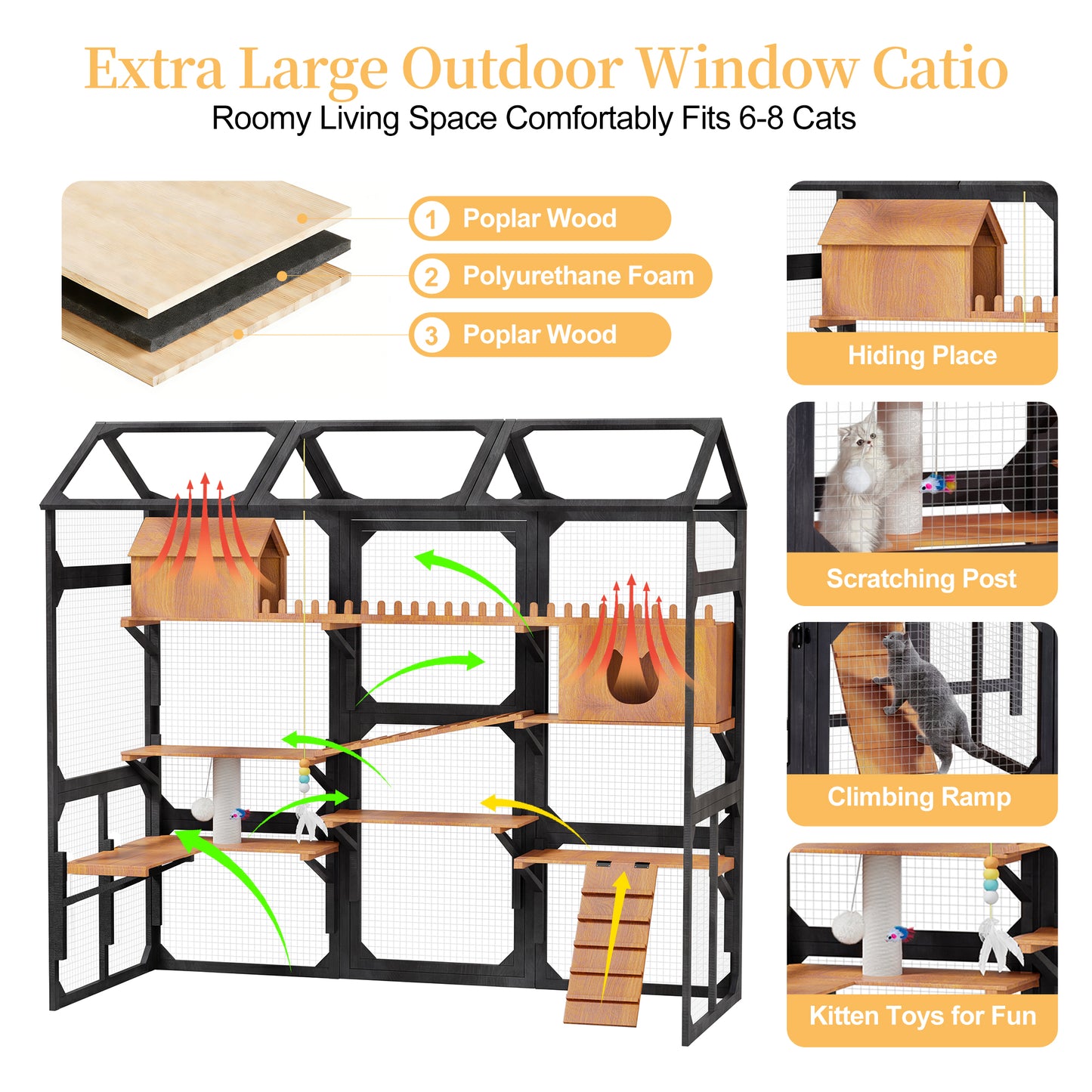 Large Outdoor Cat Enclosure Wooden Catio With 2 Plant Stands, Multi-Level Cat Playpen With Weather-Resistant Roof, Resting Box, Climbing Ramps & Wire Mesh For Patio, Black