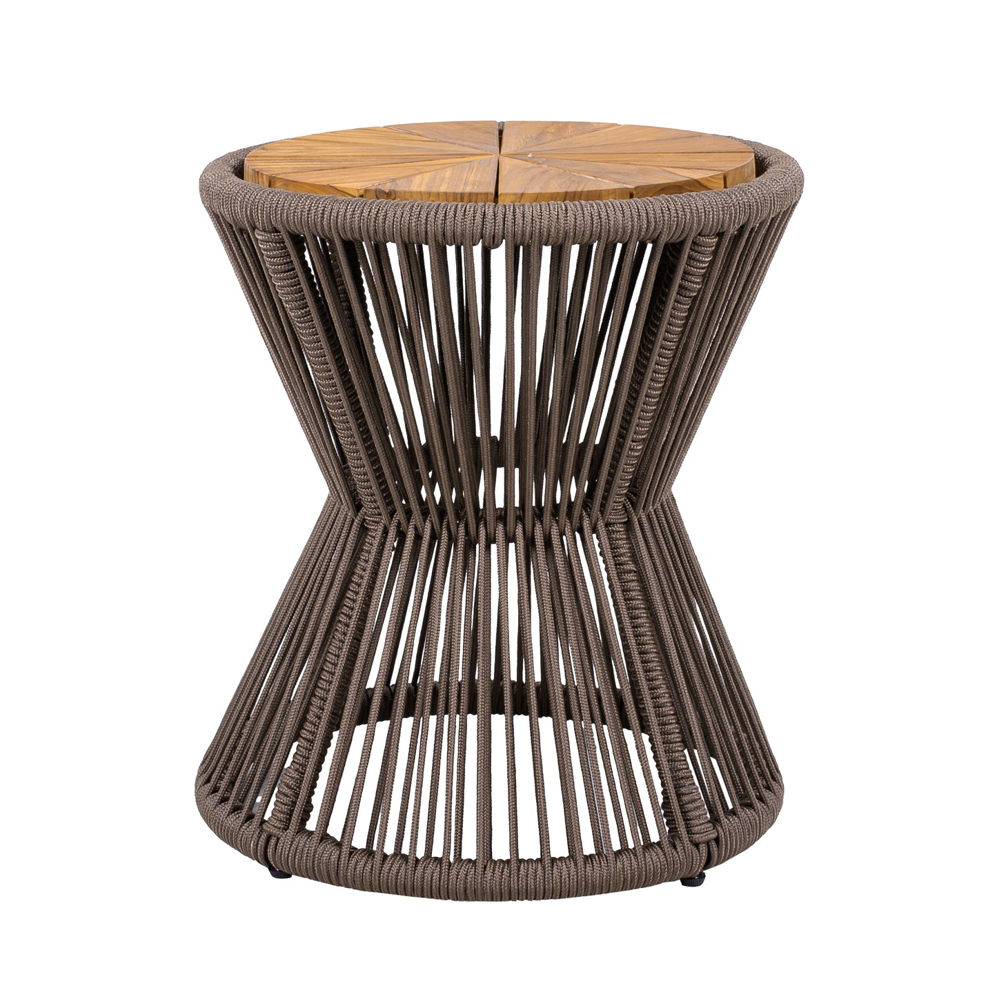 Outdoor Side Table, Dark Grey Rope & Acacia Wood, 18.90 Height, 16.14 Diameter, Elegant Hourglass Design, Weather Resistant, For Patio, Deck, Garden, Balcony, Modern Minimalist Style
