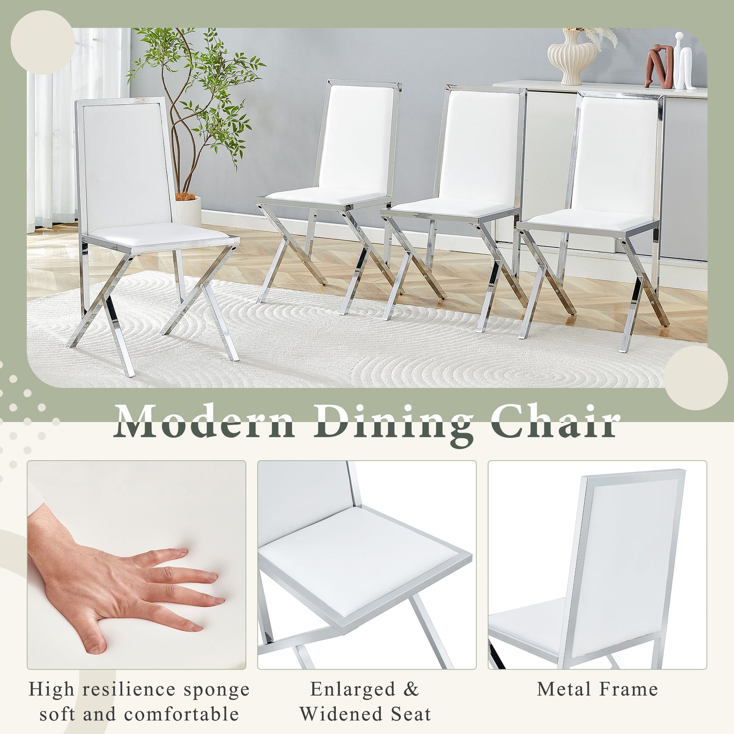 4-pack Silver Metal Framed White PU Dining Chairs Ergonomic Design, A Simple And Luxurious Choice.Featuring Uniquely Designed Silver Metal Legs.