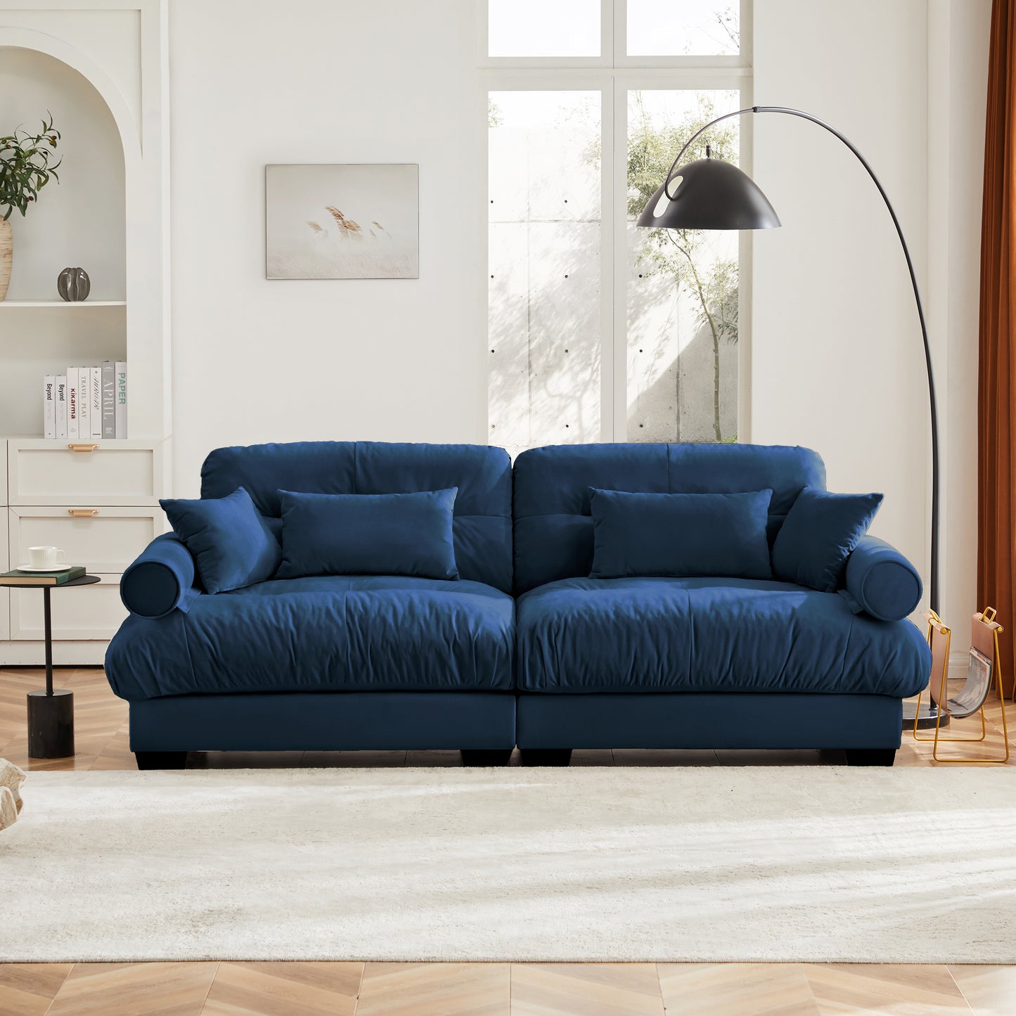 Large Size Modern Two-seater Sofa With Bolstered Armrests,Velvet 2-Seater Sofa With Waist Pillows And Throw Pillows , Suitable For Living Room , Loft, Working Spaces , Hallway And Bedroom,Blue