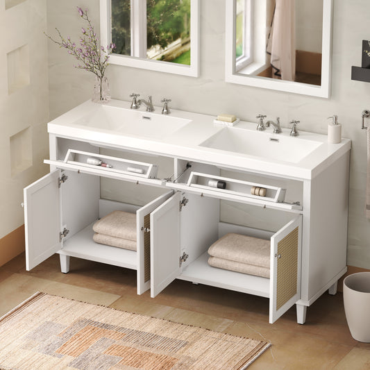 60 Inch Bathroom Vanity With Double Sink SMC Sink , Large Storage Space With 2 Tip-Out Trays Flip-Out Drawers And 4 Soft Closing Doors, Solid Wood Legs And Silver Metal Knobs, White