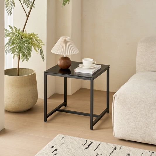 2 Pieces Black Glass Night Stand,MDF SideTable, Small Tea Table, Sofa Table With Metal Leg