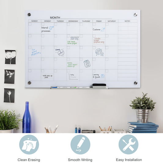 35"x23" Dry Erase Wall Calendar Glass Whiteboard Monthly Planner For Homeschool Supplies & Home Office Organization With 4 Markers And 1 Eraser,Frameless