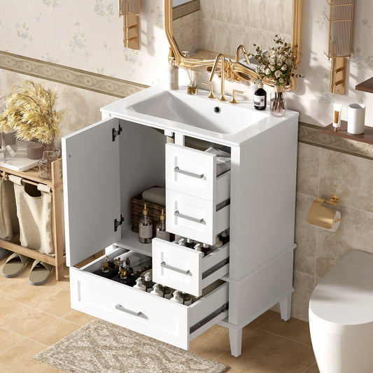 24.8 Bathroom Vanity With Ceramic Sink, Modern Freestanding Cabinet Featuring Soft-Close Door, Deep Drawer, Shallow Drawer & Wide Drawer For Space-Saving Storage