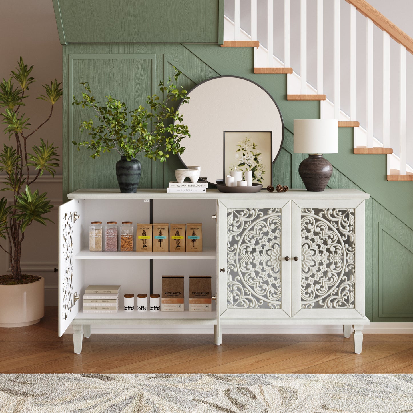60 Antique Buffet Cabinet With Floral Carvings With Solid Wood Legs&Antique Brass Handles&Adjustable Shelves, TV Stand For 65 TV, Sideboard For Living Room,Dining Room Antique Grey White