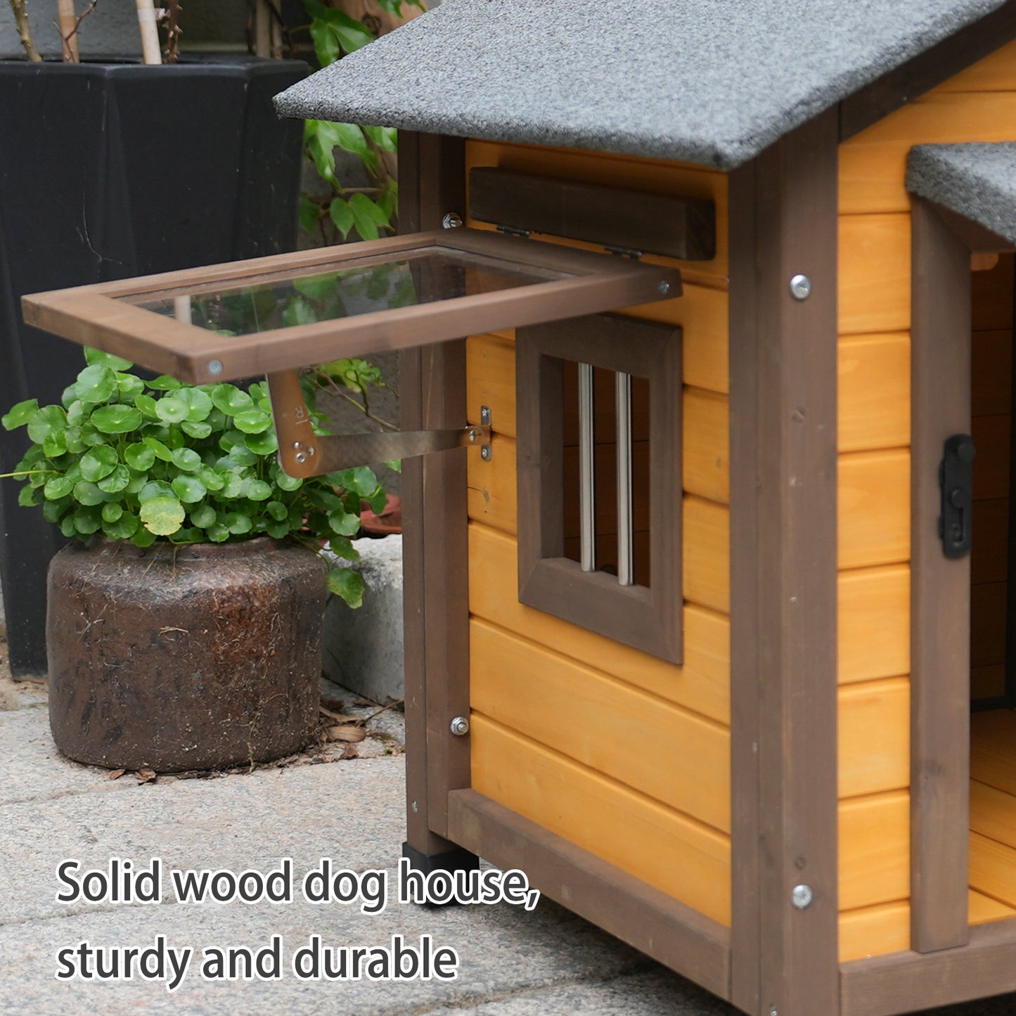 45 Inch Solid Wood Dog House, Cozy Outdoor Shelter For Medium & Small Dogs With Lockable Ventilated Door, Waterproof Insulated Felt Roof & Charming Design