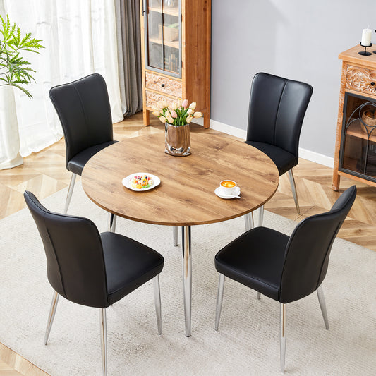 Table And Chair Set.With A Expandable Mechanism,the Wood Grain MDF Table Top And Silver Metal Legs And Has A Smooth Surface.Paried With 4 Black PU Chairs With A Vertical Stripe Design On The Backrest.