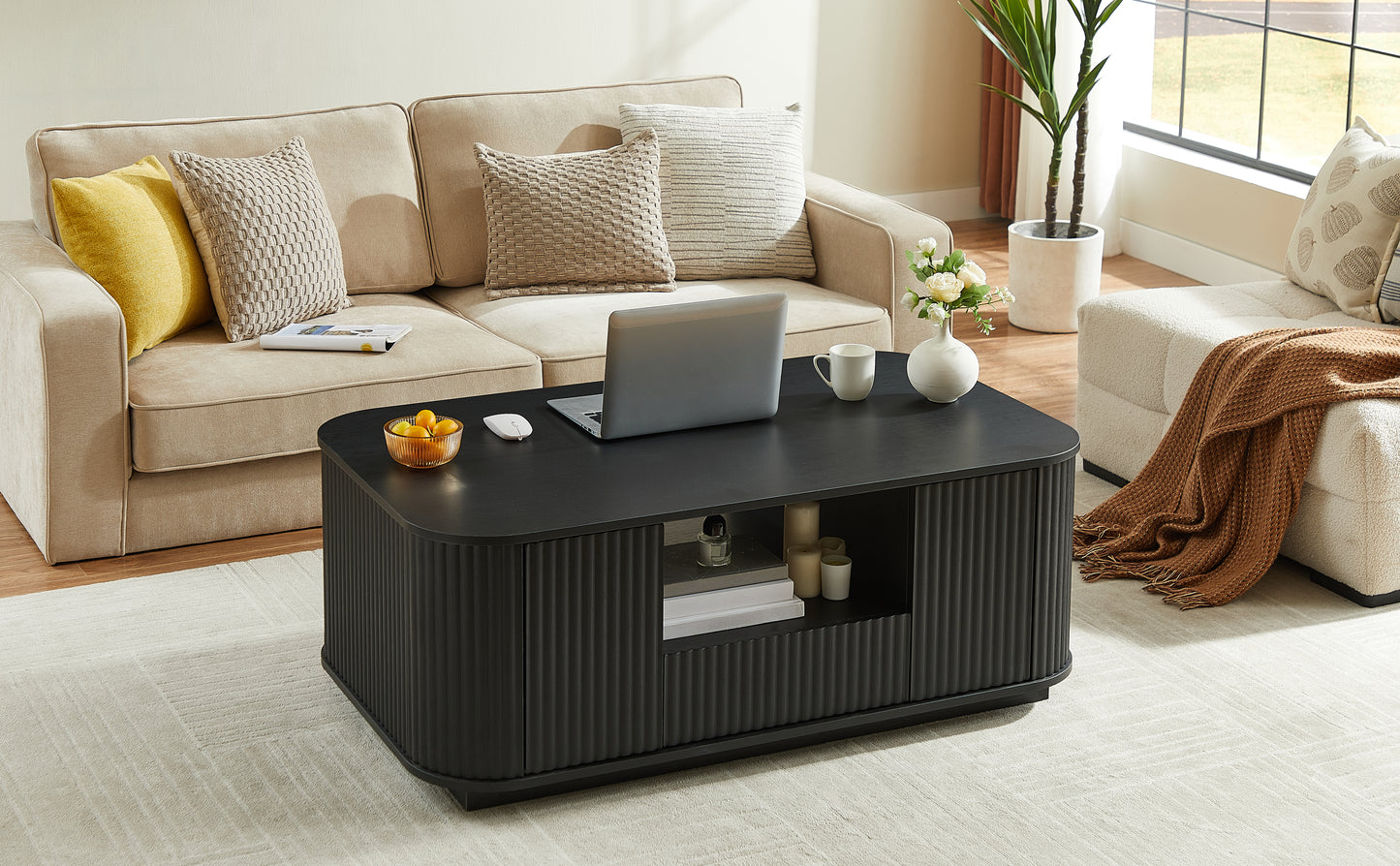 46.5 Modern Luxury Oval Coffee Table With Drawers And Storage Compartments, Curved Contour Design, Living Room Center Coffee Table, Suitable For Living Rooms And Offices, Black, 46.5 Lx27.2 Wx17.7 H