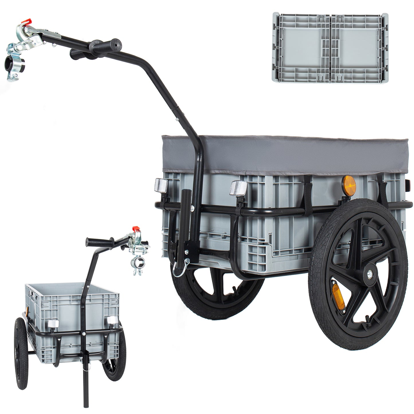 2- In- 1 Bike Cargo Trailer With Foldable Storage Box Removable & Waterproof Cover Bicycle Trailer W Quick Release 16 Wheels 70L Large Capacity Black Gray