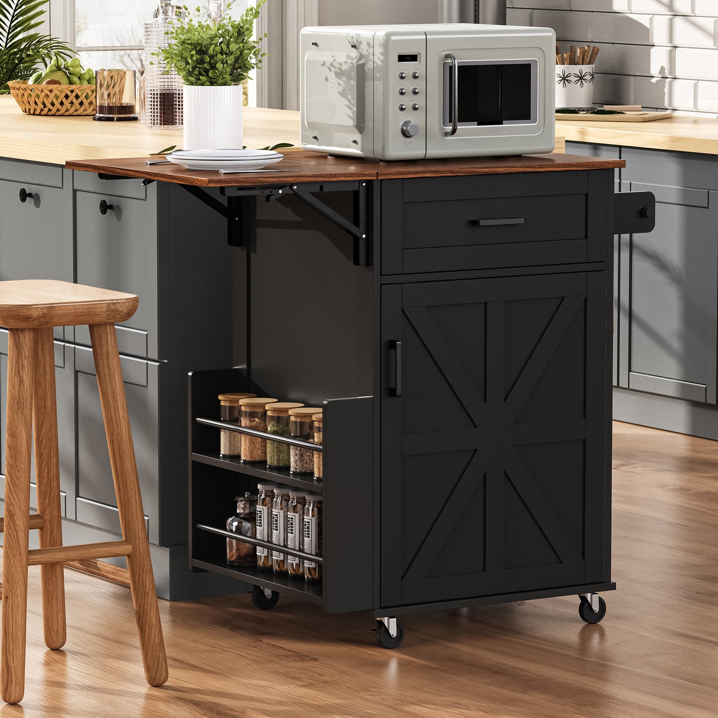 K&K 39.3 Farmhouse Kitchen Island With Drop Leaf, Kitchen Storage Island With Open Side Rack, One Drawer, Towel Rack, Rolling Kitchen Cart With Lockable Wheels For Lawn Garden, Black
