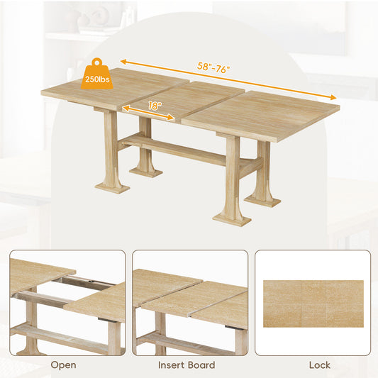 TOPMAX Farmhouse 76inch 6-Piece Extendable Dining Table Set Trestle Kitchen Table Set With 18inch Removable Leaf And Upholstered Dining Chair And Bench For Dining Room, Natural Light Gray