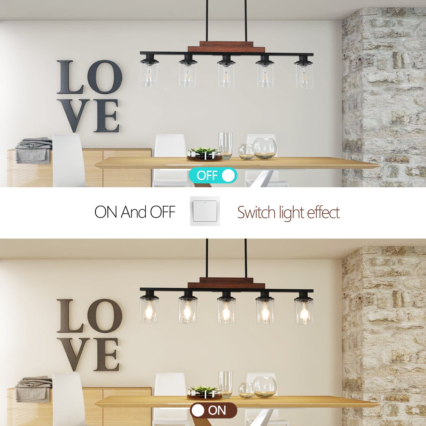 37 Farmhouse Industrial 5-Light Kitchen Island Pendant Light, Metal Wood Chandelier With Clear Glass Shades, Adjustable Height Hanging Fixture For Dining Room, Living Room, Kitchen No Bulbs