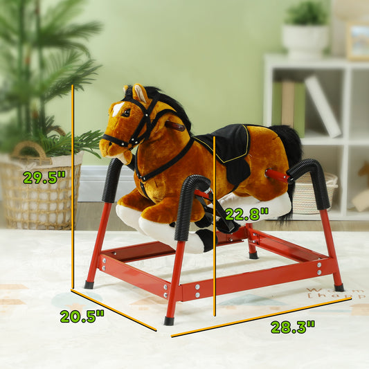 Spring Rocking Horse, Kids Ride On Horse, Plush Horse Ride-on W/ Sounds & Foot Stirrups For Kids 3-8 Years, Brown