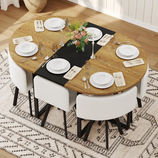7-Piece Oval Dining Table Set, Fixed Wood Grain & Black Triamine Tabletop With 6 White PU Leather Chairs, Modern Kitchen Table Set For 6 People, Ideal For Small Spaces, Apartment, Dining Room