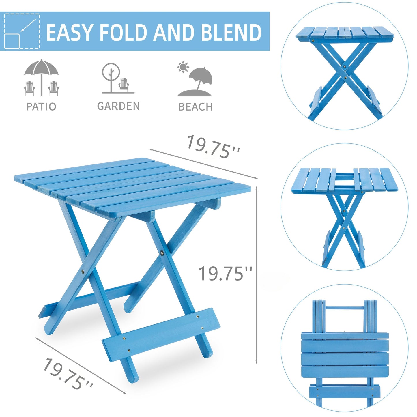 Folding Square Table Patio Outdoor Solid Wood Table For Backyard, Balcony, Portable Design Space-Saving Blue Color