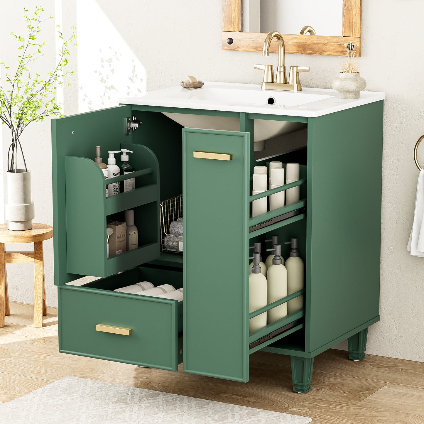 24 Bathroom Vanity With Sink, Bathroom Cabinet With Door Shelf, Deep Drawer, 2-Tier Pull-Out Basket, Solid Wood Frame And MDF Board, One Package, Green