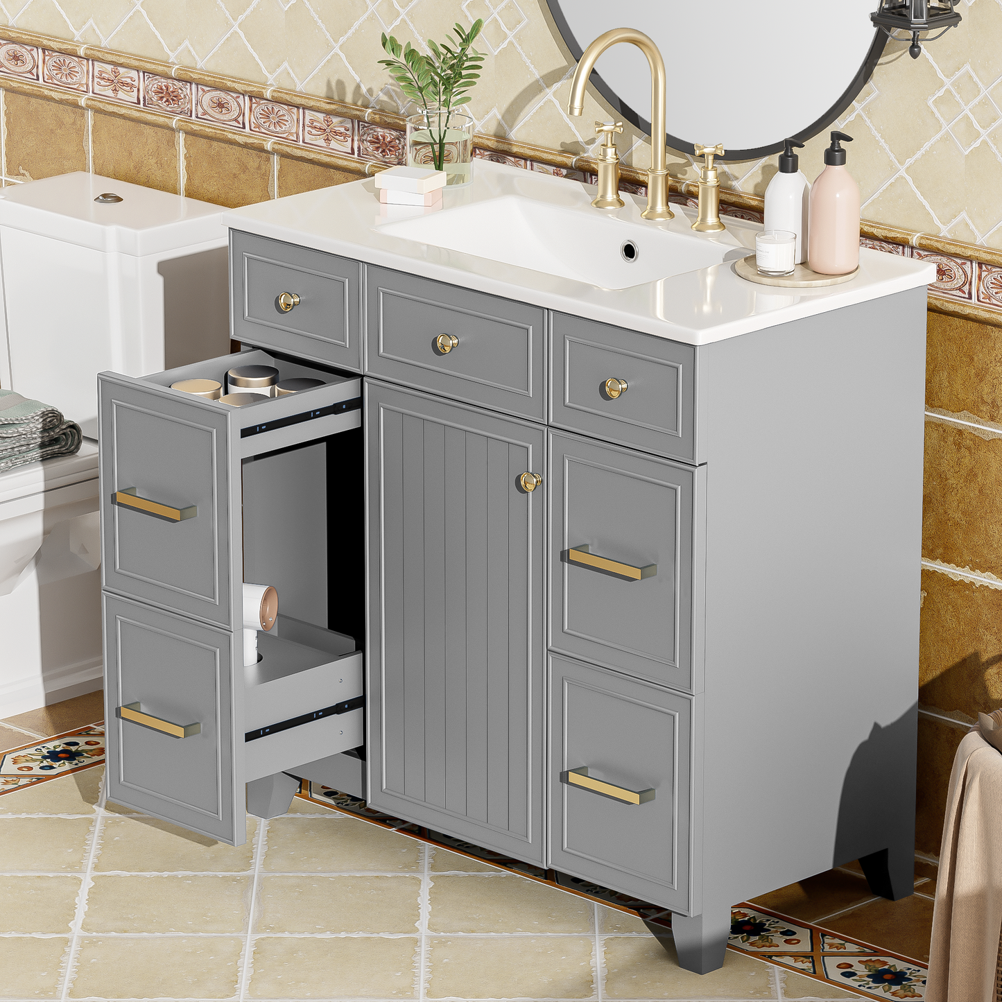 36 Bathroom Vanity With Ceramic Sink, Grey, Solid Wood Frame, Soft Close Doors, Adjustable Shelves, 3 Drawers, Including Double-Depth Drawer For Hairdryer Storage Old Sku SV000003AAL-1