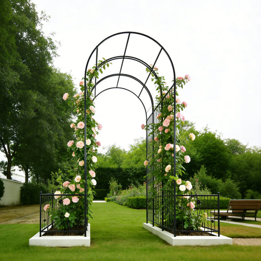 Metal Garden Arch With Two Plant Stands 79.5 Wide X 86.6 High Climbing Plants Support Rose Arch Outdoor Black