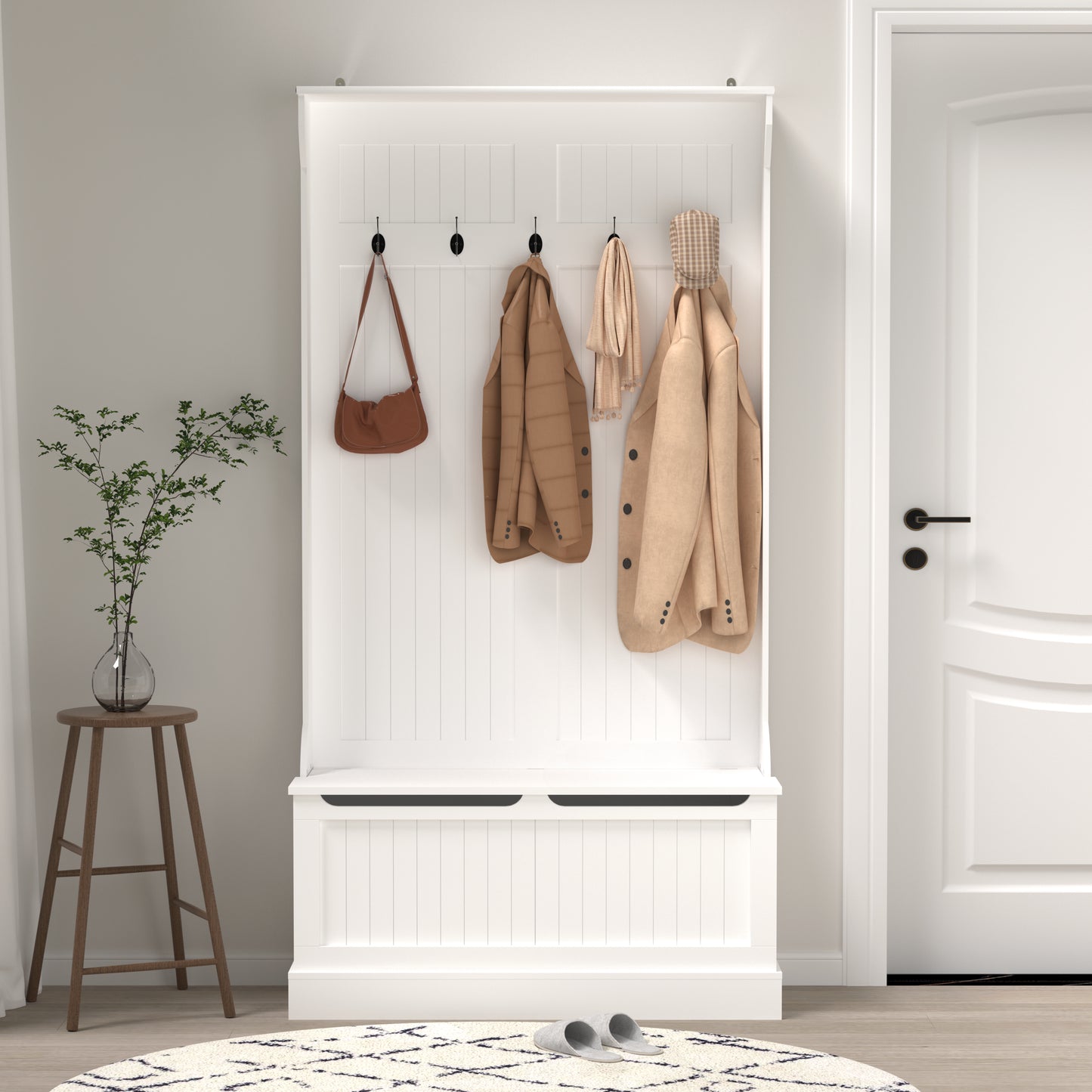 Entryway Bench With Standing Coat Rack, Hall Tree With Shoe Storage Bench, Entryway Organizer With 5 Hooks, White