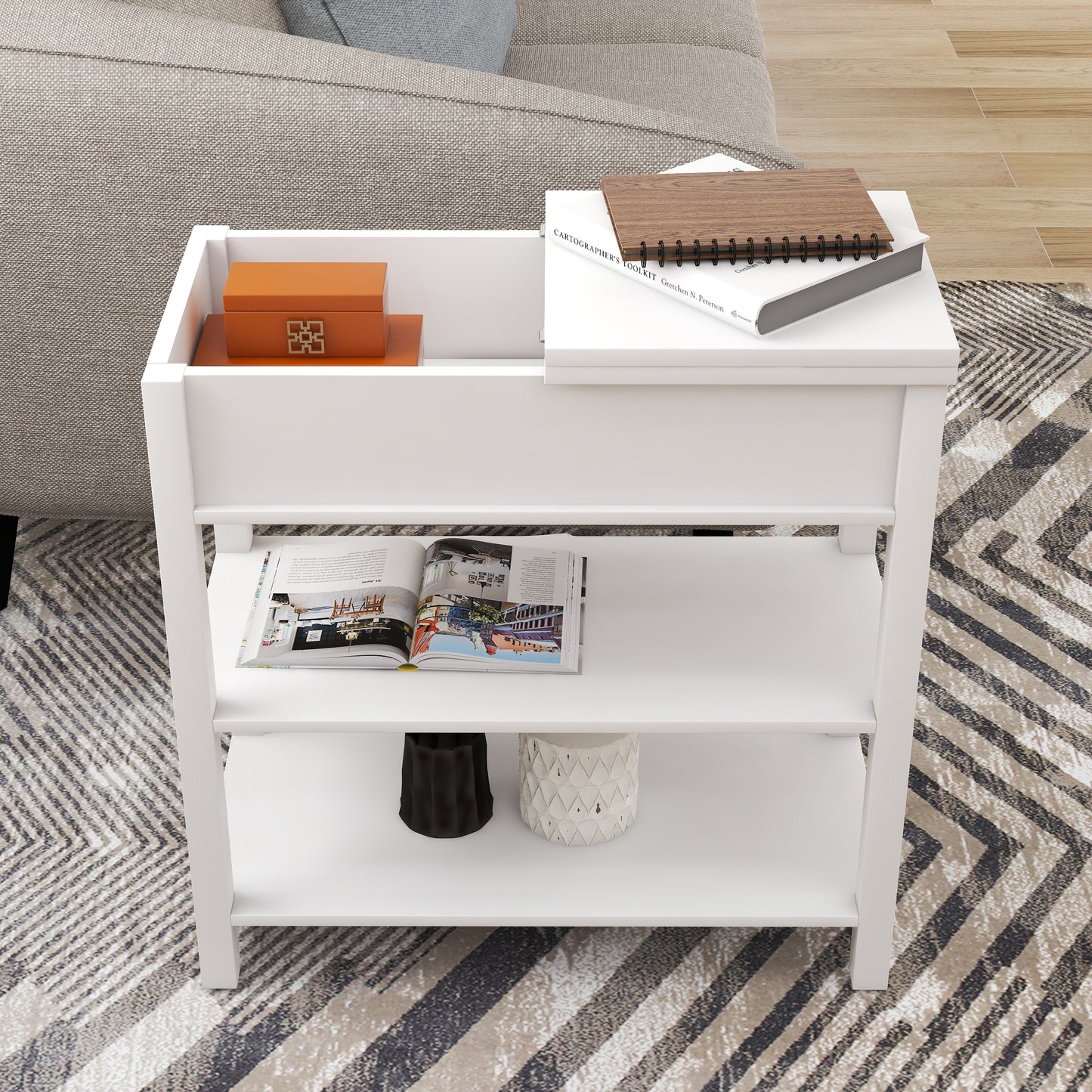 Narrow Sided Table With Drawers And Bottom Partition In Flip Over Design -White