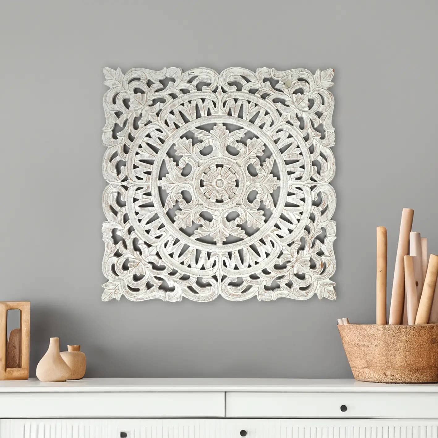 White Square Shape Handcrafted Wooden Wall Decor -36 X36 Elegant Home Accent