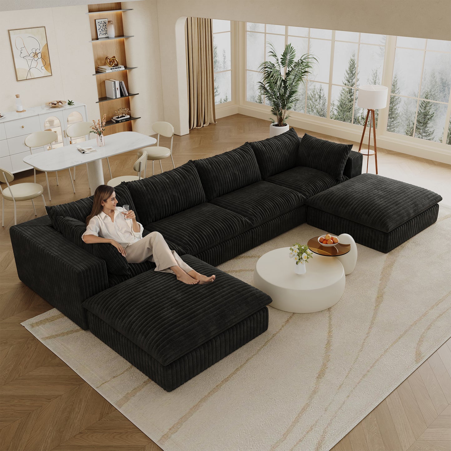 157.6Cloud Sofa,Corduroy Fabric,Deep Seat Couches,Double-layer Design,Removable Cushion,No Assembly,DIY Combination For Living Room, Bedroom,Conference Room ,Apartment,Black