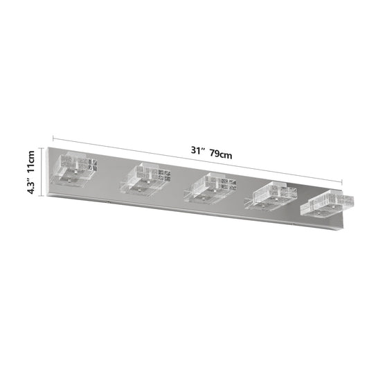 31 Modern Chrome 5-Light LED Vanity Light, Square Acrylic Lampshades Wall Mount Fixture For Bathroom, Mirror Lighting