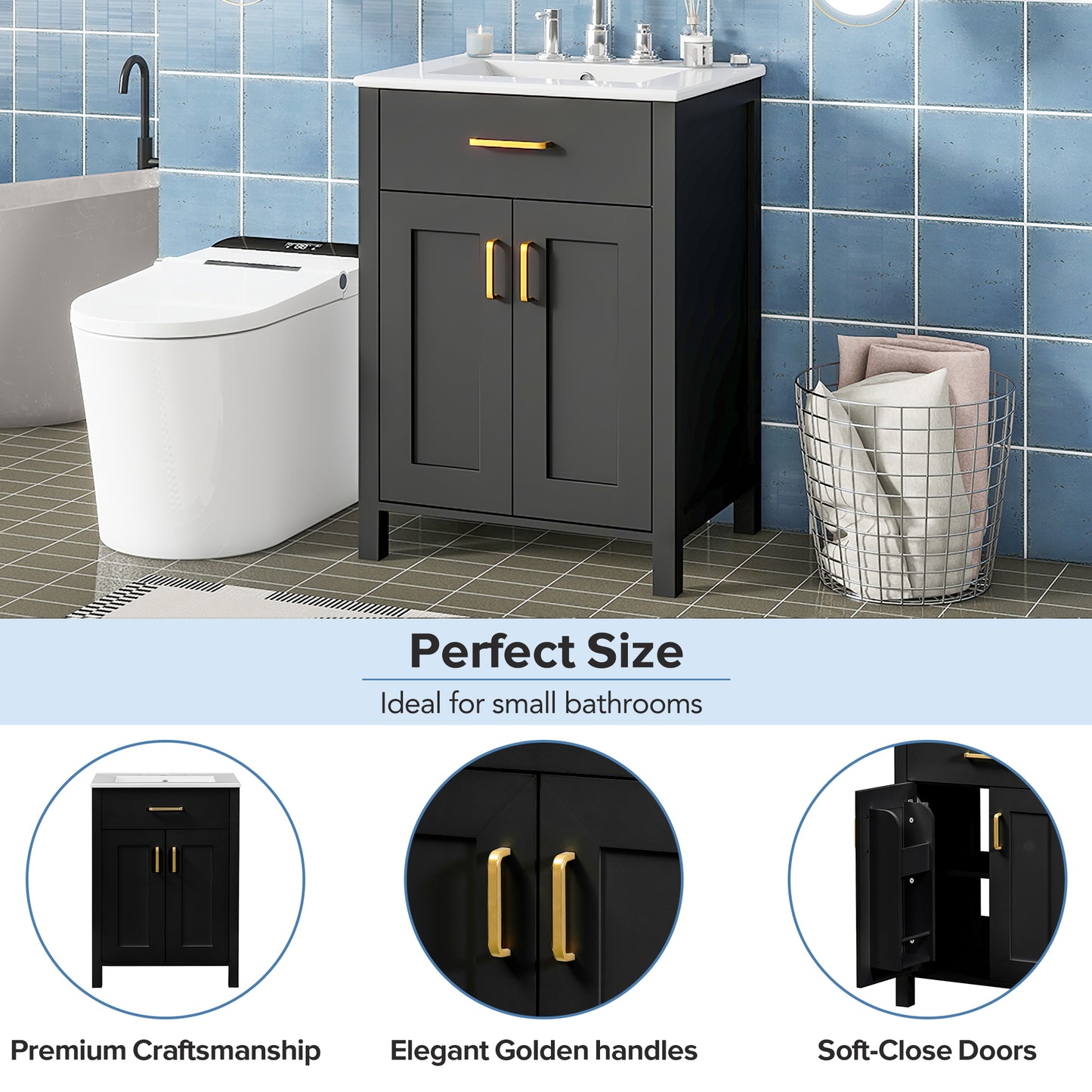 24 Bathroom Vanity Combo With Ceramic Sink, Luxurious Space-Saving Vanity - W24 XD18 XH34 Inch, 2 Soft Close Doors