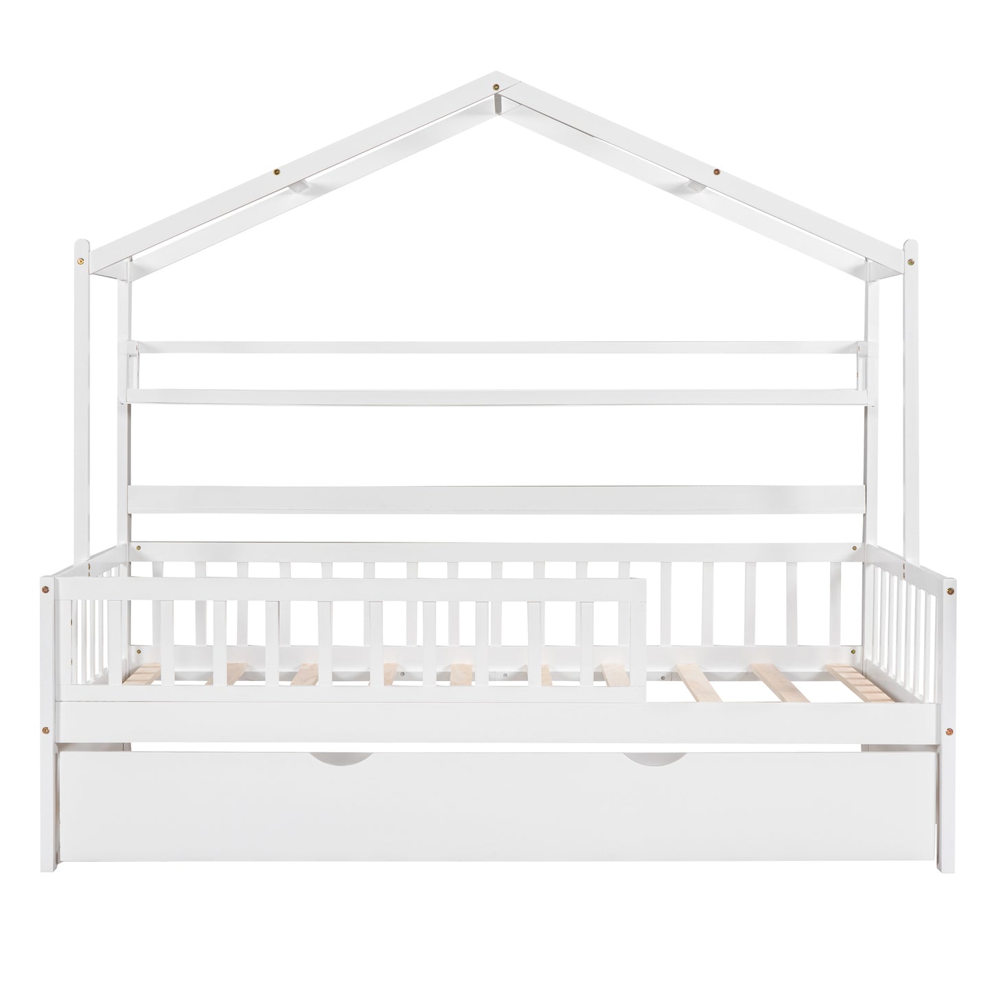 Wooden Twin Size House Bed With Trundle,Kids Bed With Shelf, White Old SKU WF301682AAK