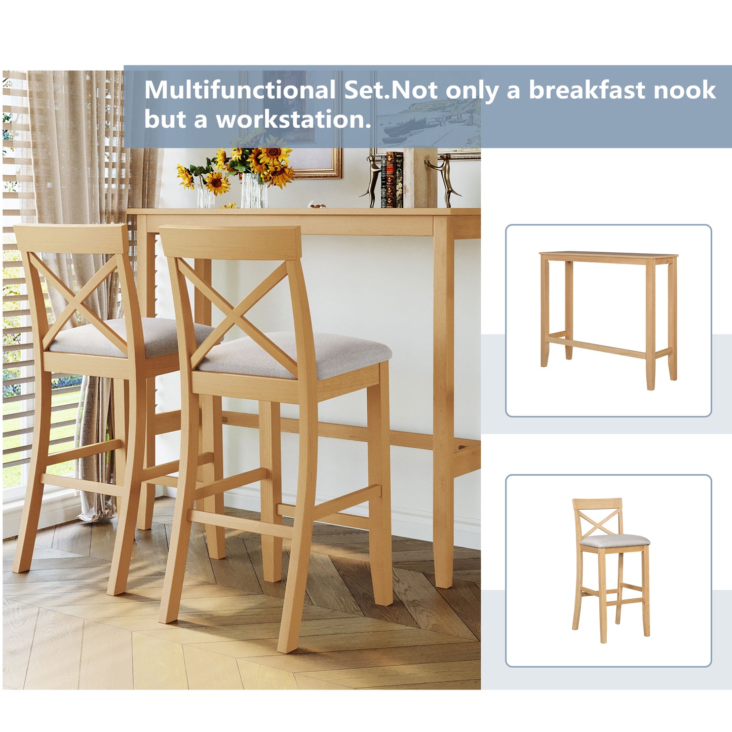 TOPMAx Farmhouse 48 Rectangular Wood Bar Height Dining Set Kitchen Breakfast Nook With 2 Chairs For Small Places Natural Beige