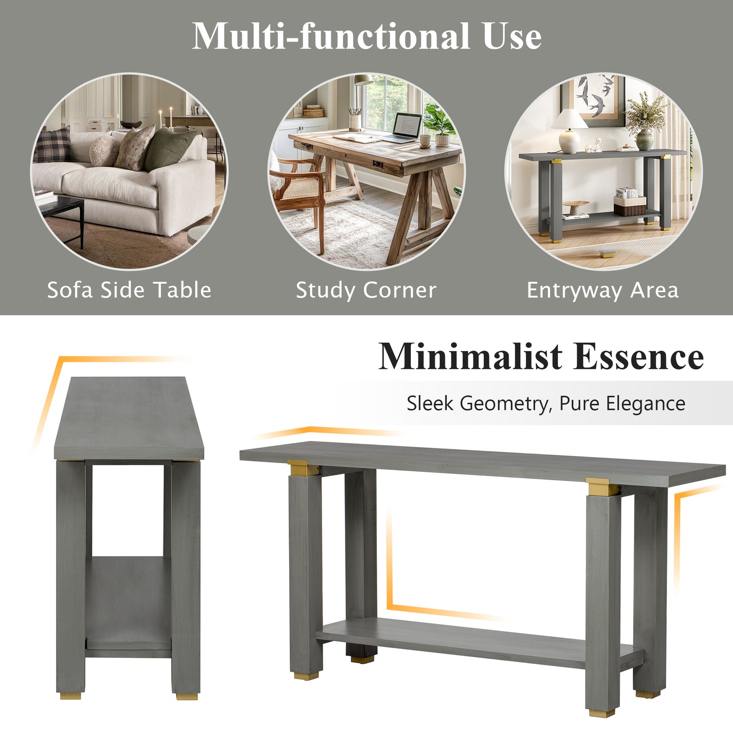 U-Style 62.9 Modern Minimalist Console Table Solid Wood Entryway Sofa Table With Metal Accents Built- In Shelf For Living Room Hallway 3 Colors Black Gray Natural