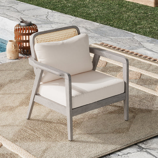 Outdoor Acacia Wood Patio Club Chair, Patio Furniture,Waterproof Thick Cushion Deep Seating For Porch, Garden, Backyard, Balcony, Weight Capacity 400lbs, Light Gray Finish, Cream Cushion