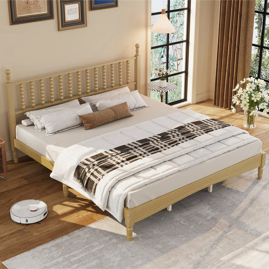 King Size Wood Platform Bed With Gourd Shaped Headboard,Retro Style Platform Bed With Wooden Slat Support,Natural