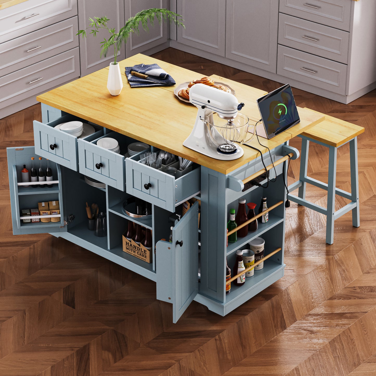 K&K 53inch Large Kitchen Island With Drop Leaf,Power Outlet,Door Internal Storage Rack,Rolling Kitchen Cart On 5 Wheels With 5 Open Side Racks For Kitchen,Grey Blue Two Packages Stools Not Included