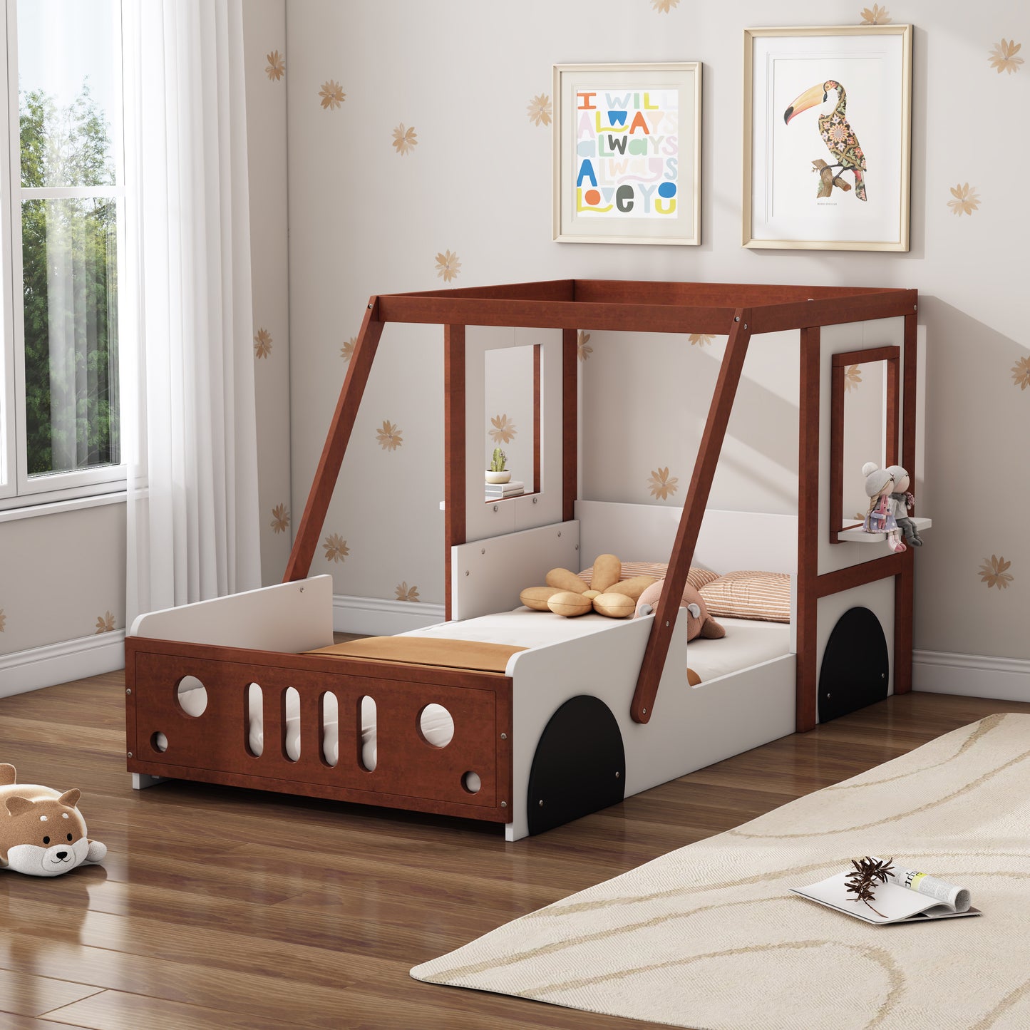 Play Design Twin Size Car Bed, Kids Platform Bed In Car-Shaped For Kids Boys Girls Teens,White Orange