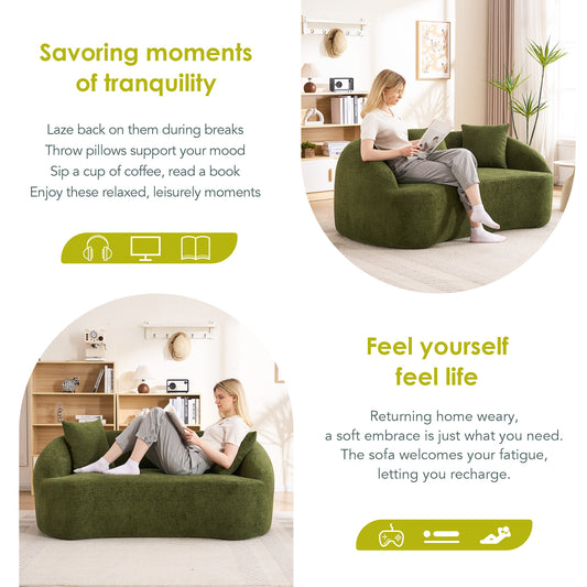 LY-049S Curved Modern Boneless Sofa Loveseat Backrest Upgrade 2-Seater Green Chenille Compression Couch With 3 Pillows Minimalist Modular Couches For Living Room Office Apartment Guest Room