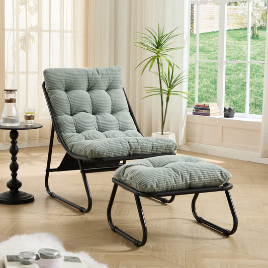 Patio Outdoor Lounge Chair With Ottoman, Comfy Sling Recliner Chair With Puffy Cushion And Foot Stool, Ideal For Living Room, Bedroom, Reading Room, Black Frame With Light Green Cushion