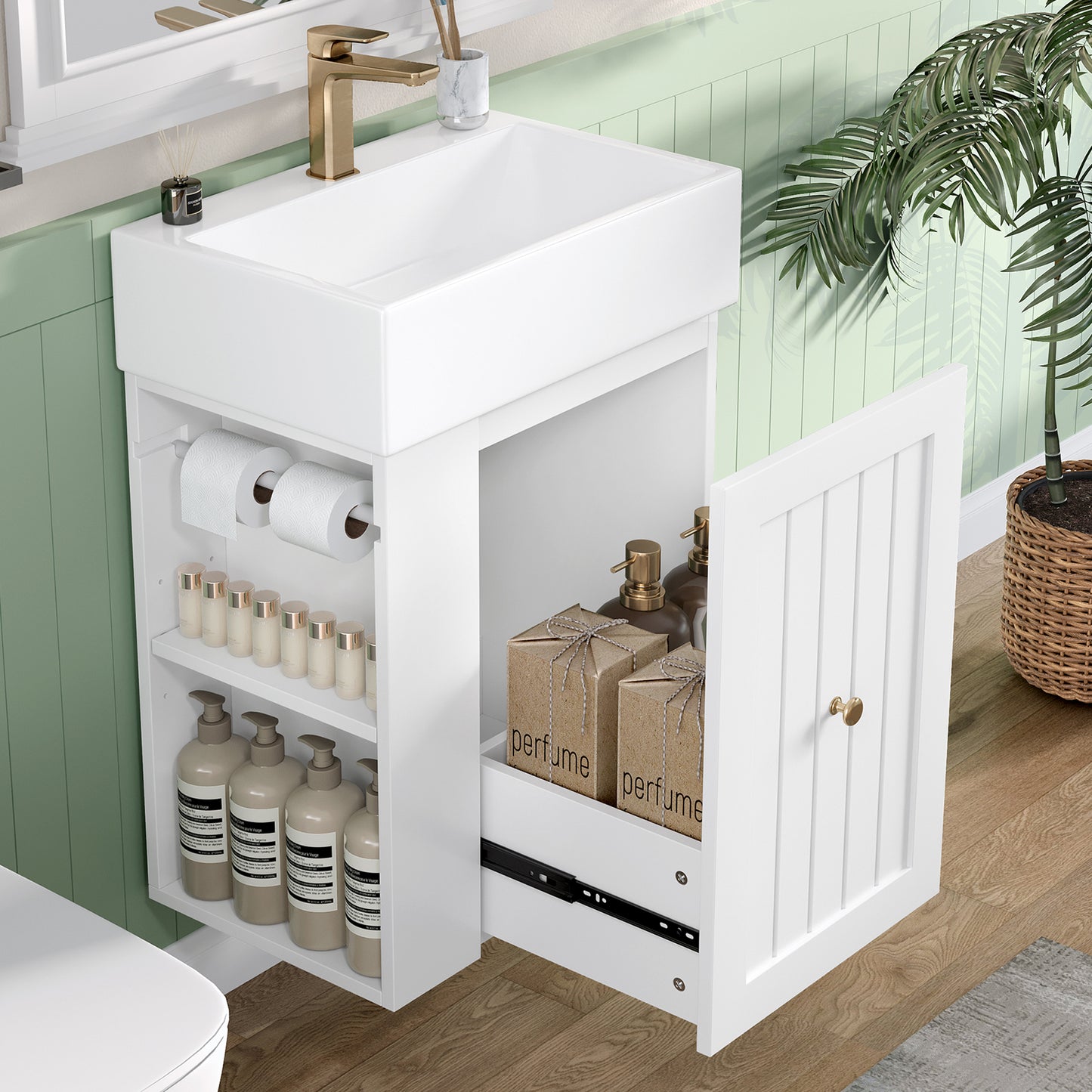 20-Inch Bathroom Vanity With Ceramic Sink, MDF Storage Cabinet With Drawer, Side Shelf & Golden Handle -Space-Saving Modern Vanity For Small Bathrooms