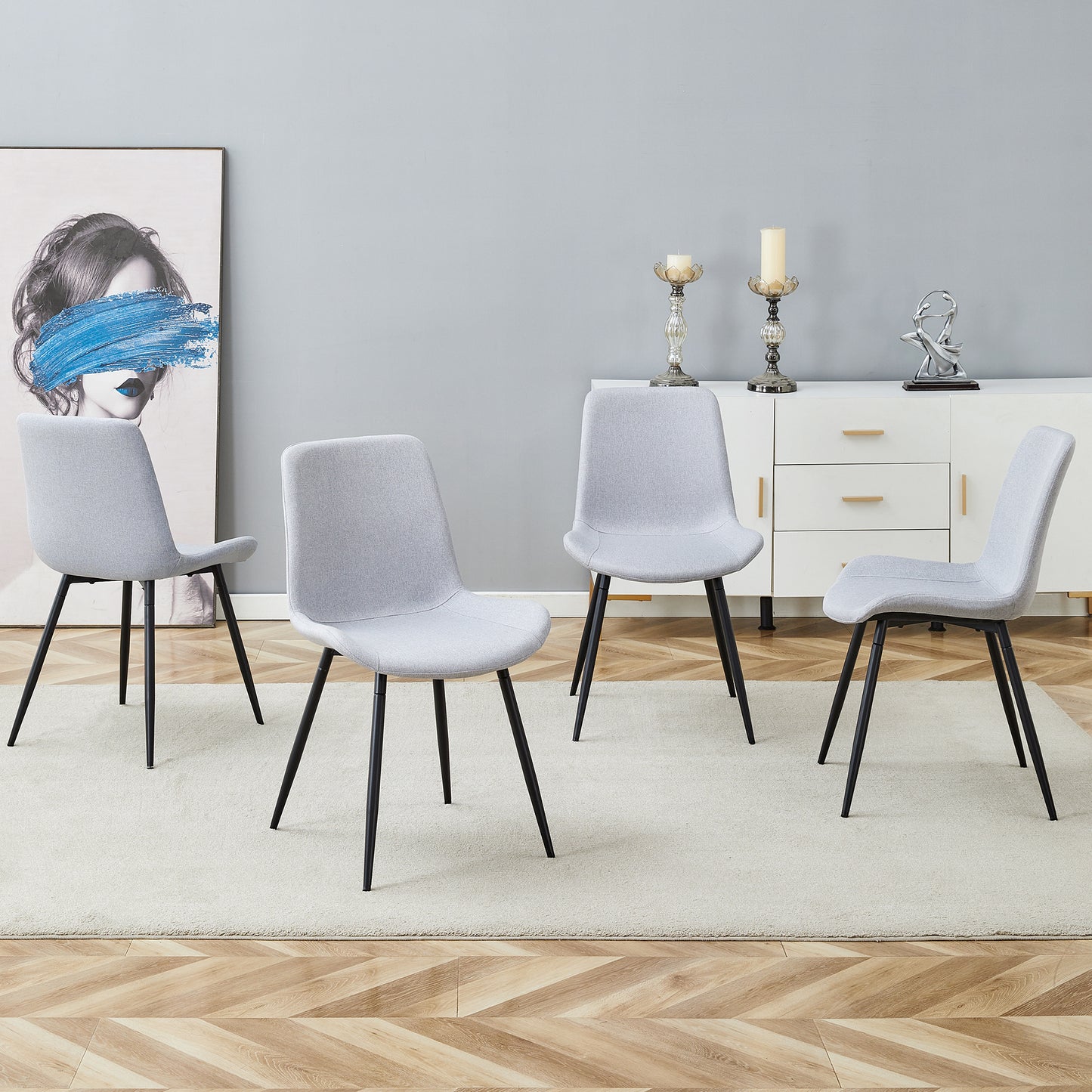 Comfortable Linen-Cotton Dining Chair Set - Four Pieces In Light Gray.Integrated Seat And Backrest,Linen-Cotton Material,Curved Widened Cushion Design For More Comfort.