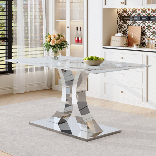 Transformable Heavy-Duty Stainless Steel Base In Silver 63in X 35in Dining Table Luxury Pandora White Pattern Tempered Glass Rock Top For Kitchen Dining Room