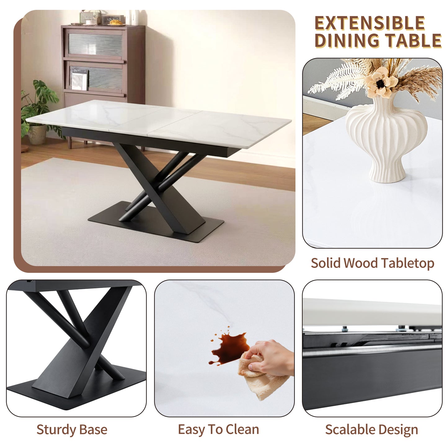 Modern Dining Table With White Marble MDF Veneer Paper Tabletop And Geometric X-Frame Metal Spray-Painted Legs, Sturdy Metal Base For Contemporary Kitchen Or Dining Room White Marble, 1 Table