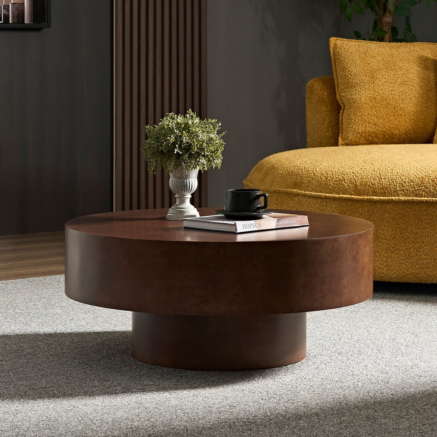 31.49 Faux Burl Wood Pattern Decal Coffee Table With Sturdy Pedestal For Living Room Office Apartment Walnut