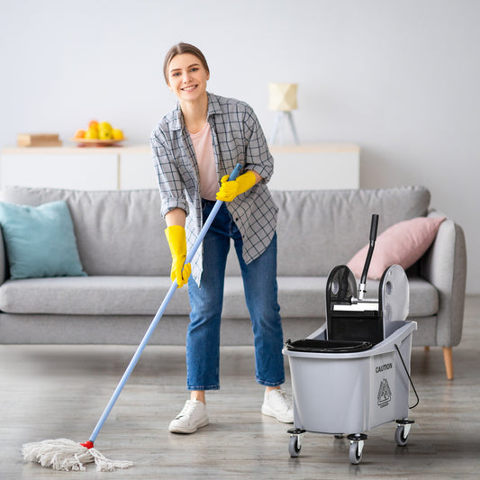 9.5 Gallon (38 Quart) Mop Bucket With Wringer Cleaning Cart, 4 Moving Wheels, 2 Separate Buckets, & Mop-Handle Holder, Grey