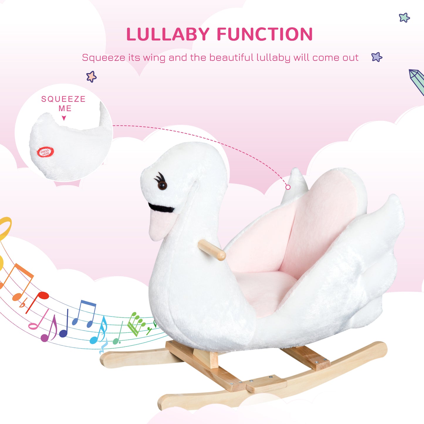 Kids Ride On Rocking Horse Plush Swan Style Toy With Music For Over 18 Months Children, White And Pink