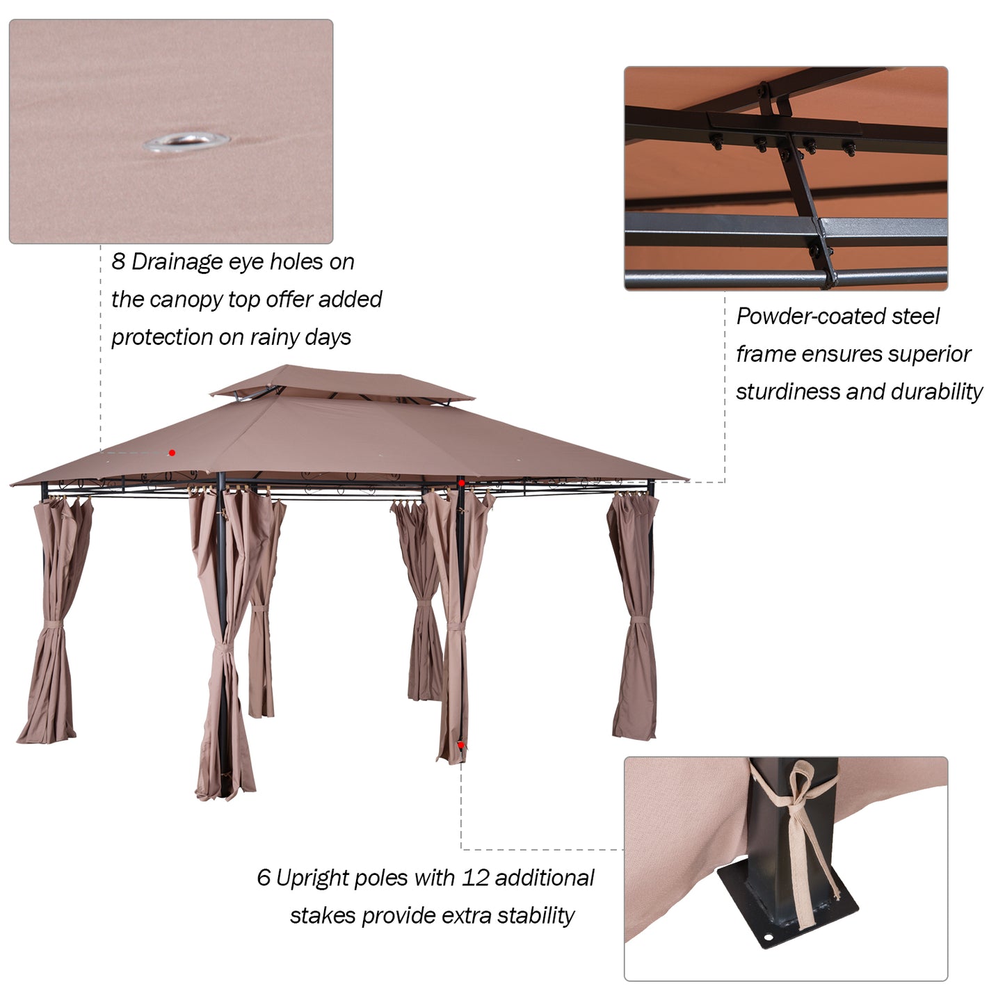 10' x 13' Patio Gazebo, Outdoor Gazebo Canopy Shelter with Curtains, Vented Roof, Steel Frame for Garden, Lawn, Backyard and Deck, Khaki