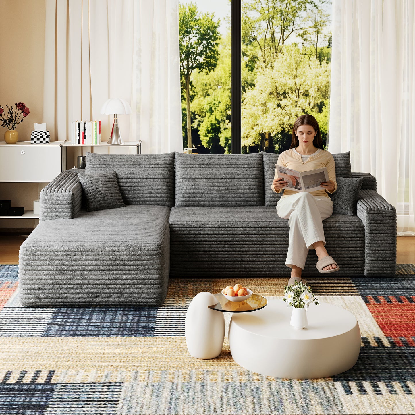 95 Cloud Sectional Sofa,Modern Minimalist Upholstered Couches, Comfort U Shaped Sofa For Living Room,Deep Seat Corner Couch,No Assembly Required,Dark Grey Plush Corduroy Fabric
