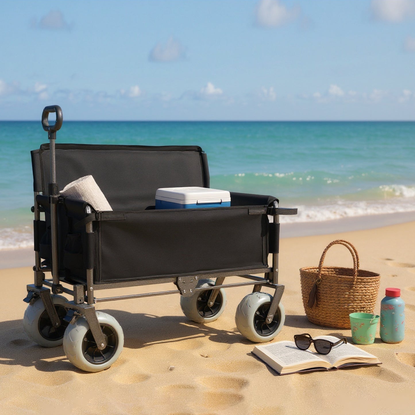 Folding Wagon With Bench Seat & 500 Lbs Capacity- 3- In- 1 Collapsible Utility Cart With All- Terrain Beach Tires For Camping Beach Groceries Outdoor Black